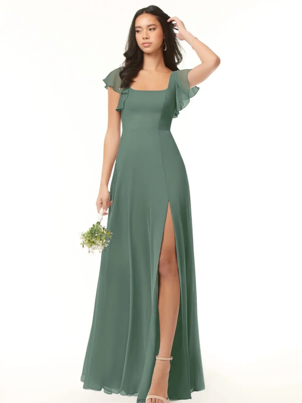 Azazie Bridesmaid Eucalyptus Square-Neck Maxi Dress with Flutter Sleeves